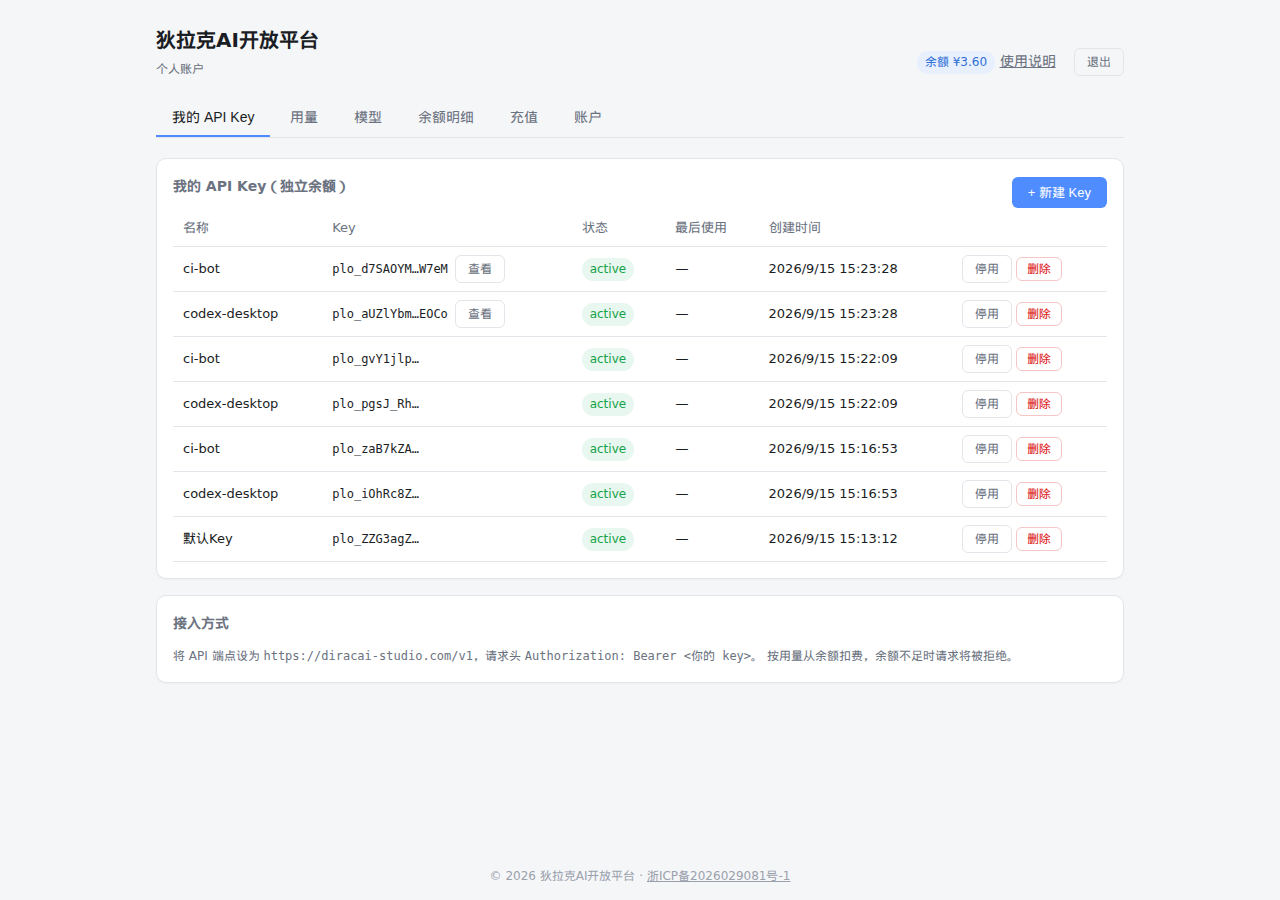 我的 API Key 页面